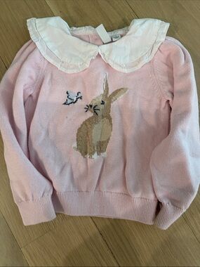 Janie and Jack Pink Bunny Sweater with White Peter Pan Collar